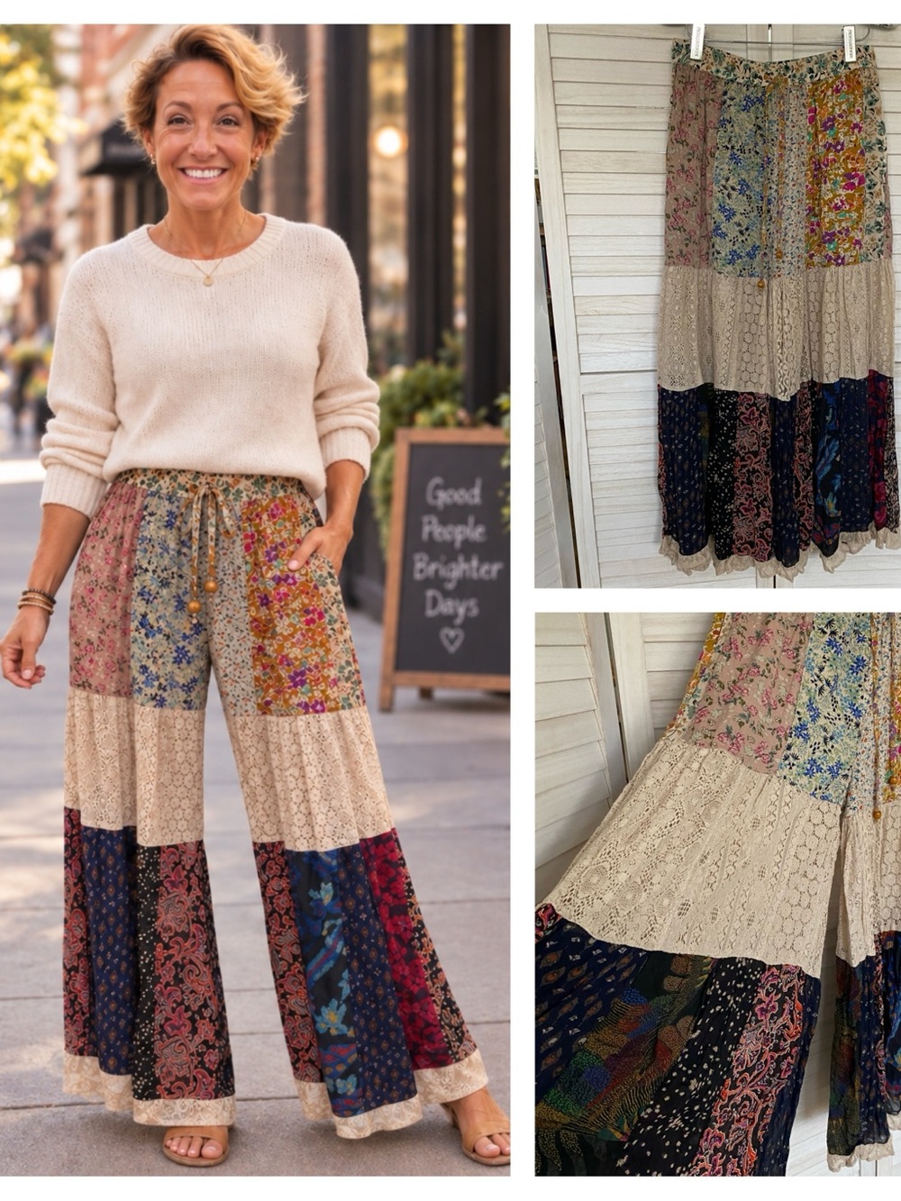 Young Threads Bohemian Patchwork Wide-Leg Pants in Multicolor SZ L NWT
